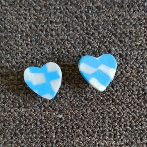 Checker Heart Blue White Stud Earrings